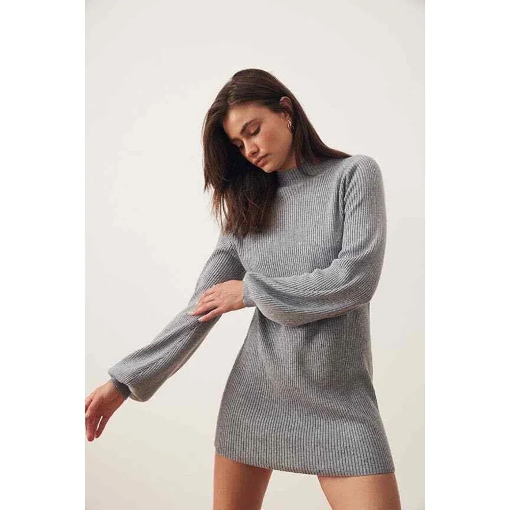 Song Of Style Erin Wool Blend Sweater Dress Balloon Sleeve Gray Ribbed Knit XS